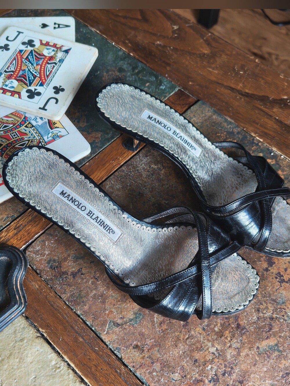 Manolo Blahnik Black Leather Strappy Slide Sandals